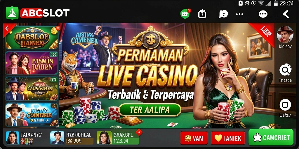 Screenshot utama ABCSLOT menampilkan dealer langsung yang berinteraksi dengan pemain.