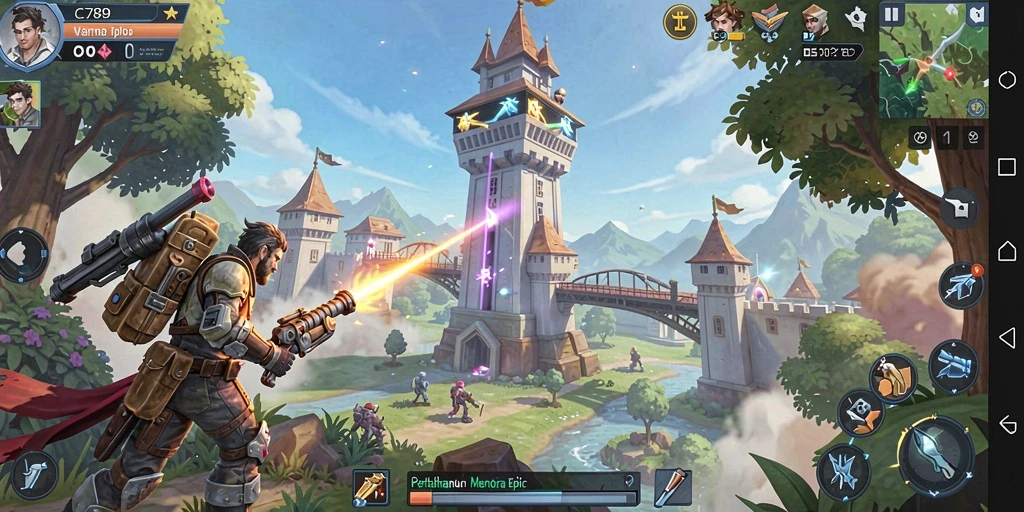 Screenshot gameplay C789 menampilkan strategi menara yang dinamis.