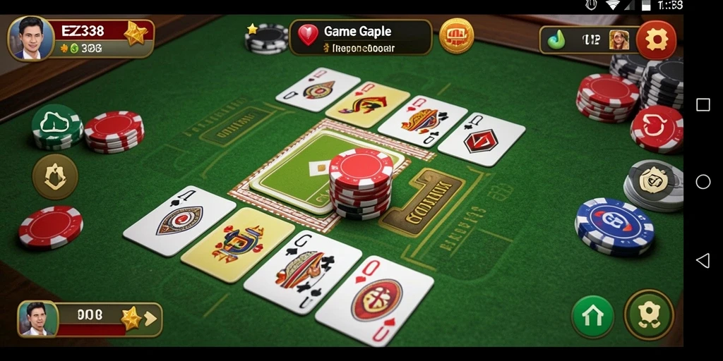 Screenshot gameplay EZ338 menampilkan suasana permainan Gaple yang seru.