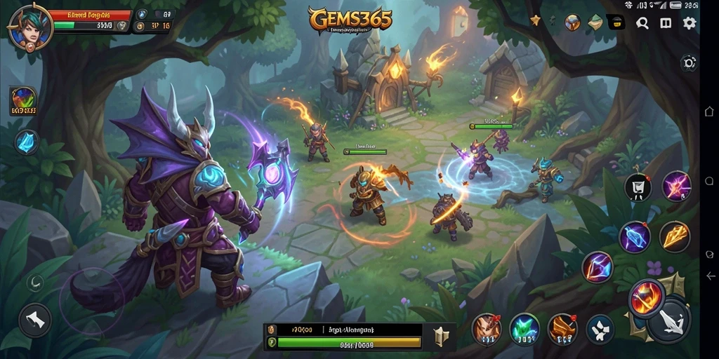 Screenshot gameplay GEMS365 memperlihatkan pertempuran seru di dunia fantasi.
