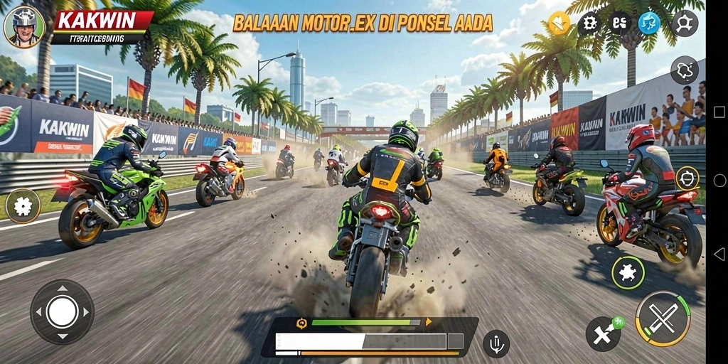Screenshot KAKWIN menampilkan aksi balapan motor seru.