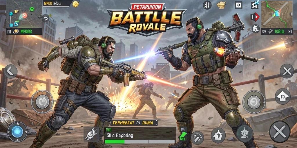Tampilan gameplay MPO08 yang penuh aksi dan strategi Battle Royale.