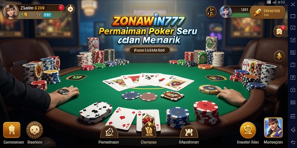 Screenshot permainan <strong>ZONAWIN777</strong> yang menampilkan para pemain poker yang bersemangat.